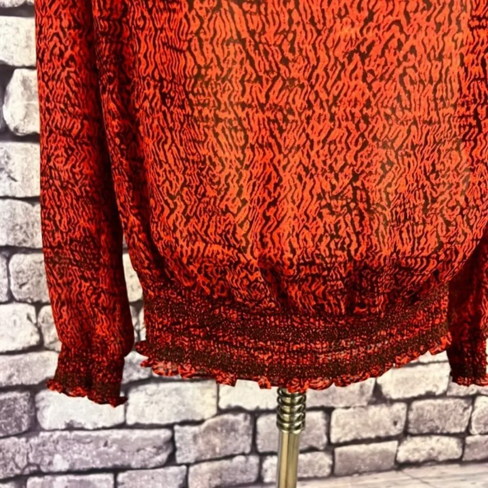 Michael Kors Red & Black Semi Sheer Long Sleeve Blouse Size M